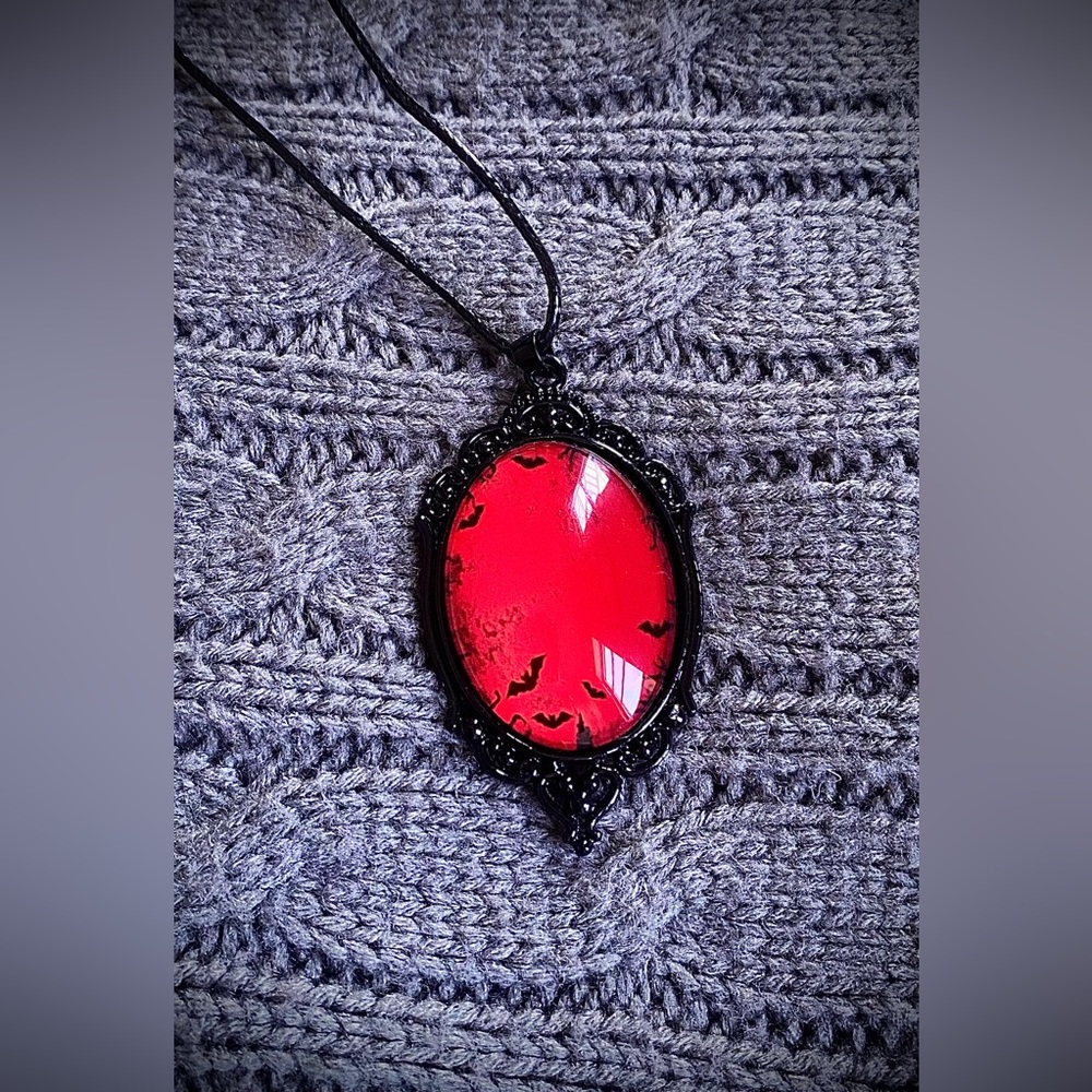 Gothic Blood Moon Bats Cameo Necklace Halloween Haunted Spooky Victorian Black